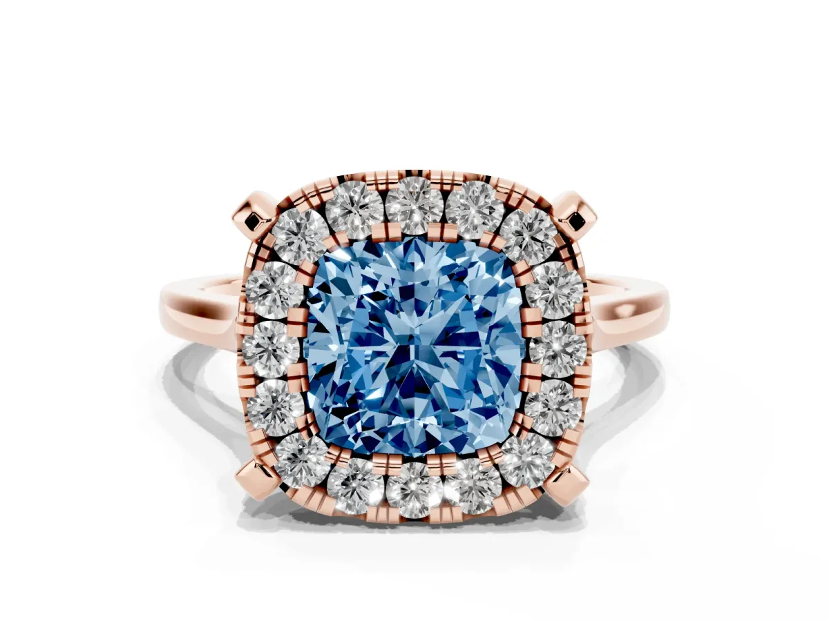 Fancy Blue Cushion Cut Diamond Cluster Halo Solitaire with Four-Prong Setting Rose gold