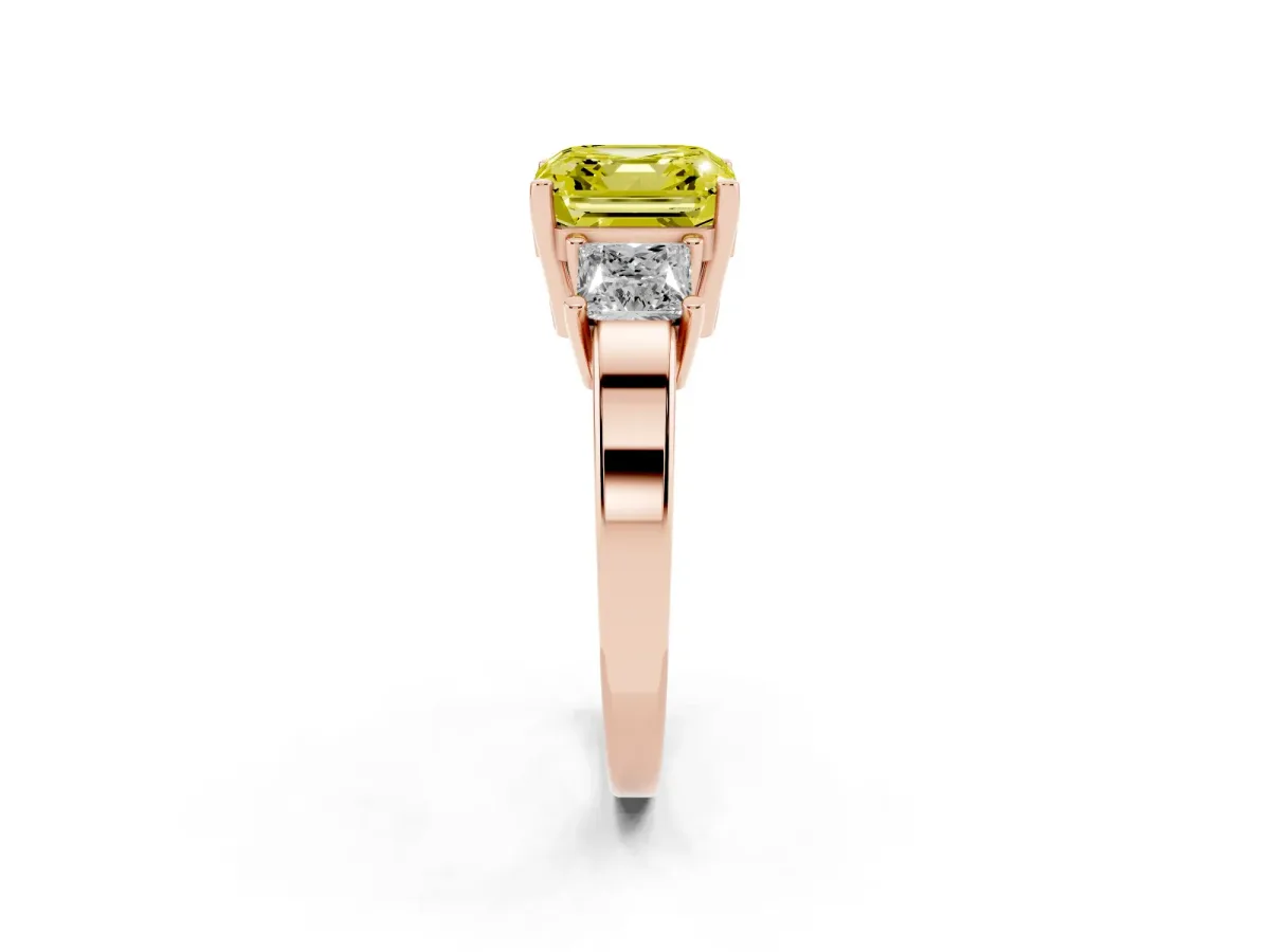 Fancy Yellow Three-Stone Asscher Cut Cut Solitaire Ring with Prong Setting Rose gold