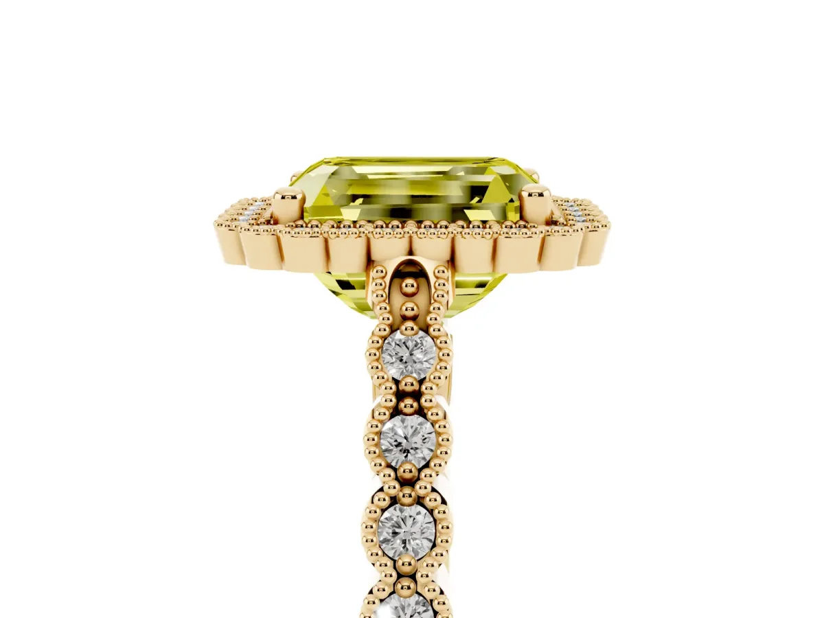 Fancy Yellow Radiant Cut Cut Halo Pavé Solitaire Ring with Milgrain Band Yellow gold