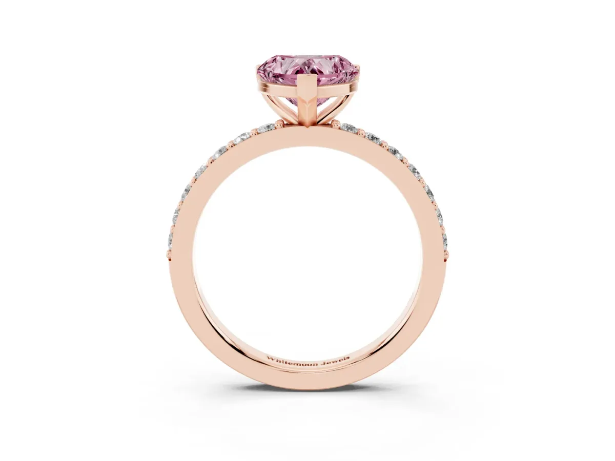 Fancy Pink Heart Cut Cut Diamond Solitaire with Pave Band and Four-Prong Setting Rose gold