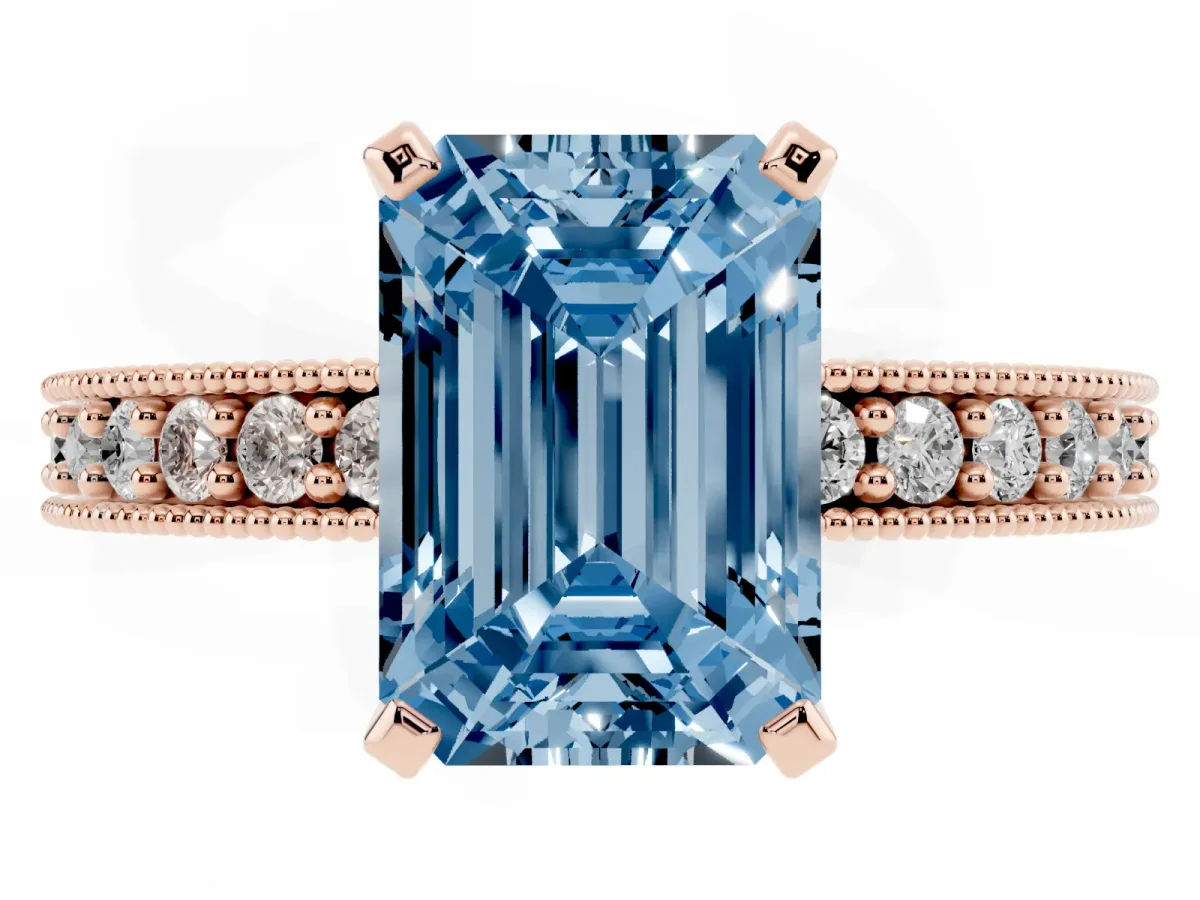 Fancy Blue Emerald Cut Diamond Milgrain Pavé Engagement Ring with Four-Prong Setting Rose gold