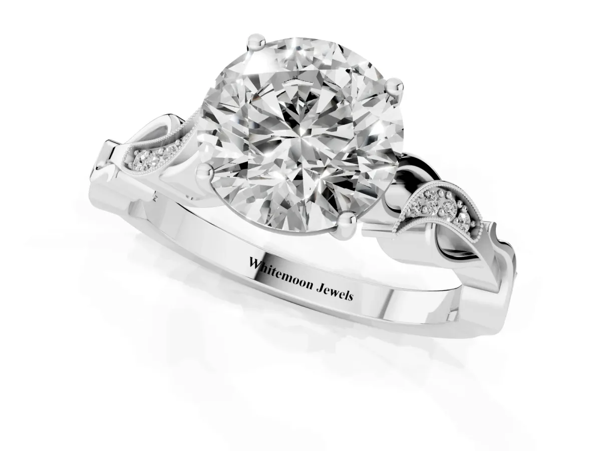 Round Cut Solitaire Vine Band with Milgrain Prong Setting White gold