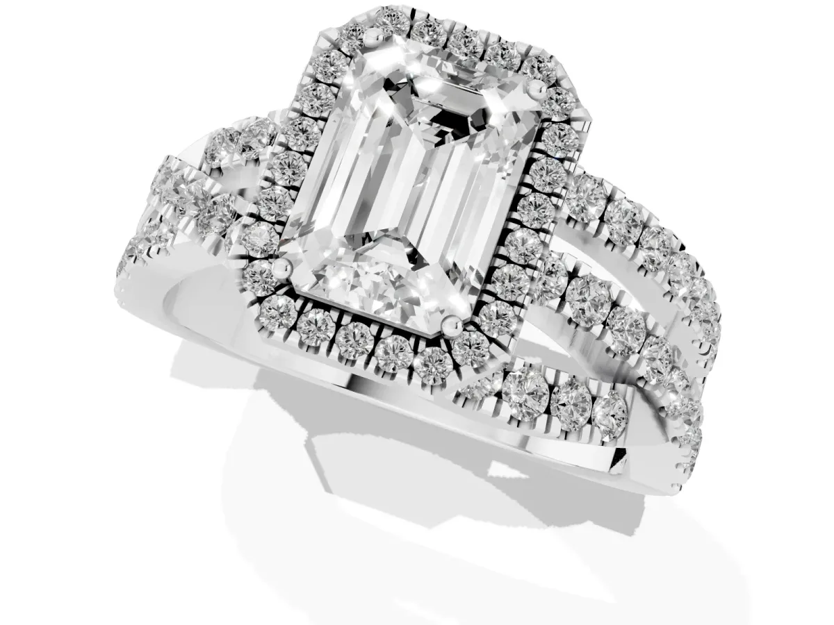 Emerald Cut Diamond Halo Ring with Round Split Shank and Prong Setting Silver