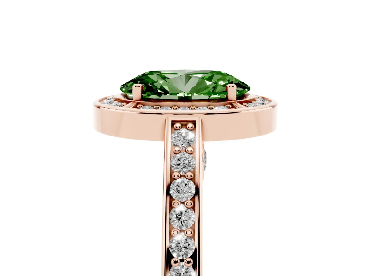 Fancy Green Oval Cut Cut Halo Pave Split Shank Prong Setting Ring Rose gold