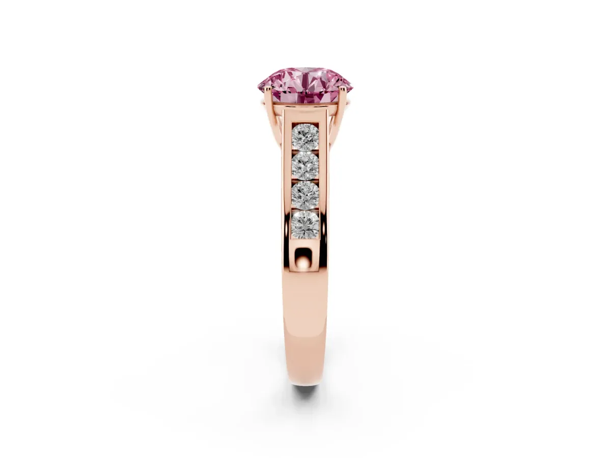 Fancy Pink Round Cut Brilliant Channel-Set Solitaire Ring with Four-Prong Setting Rose gold
