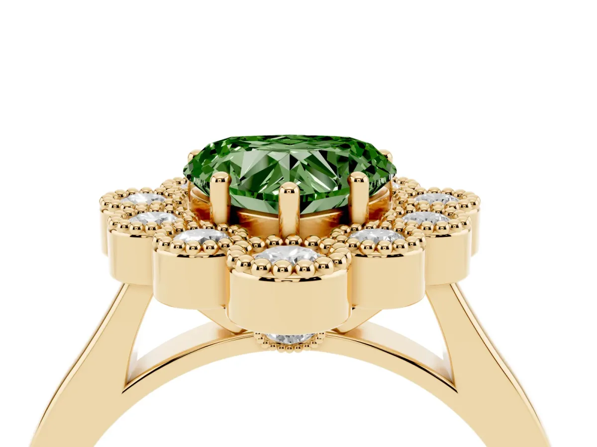 Fancy Green Heart Cut Halo Diamond Cluster Engagement Ring with Milgrain Bezel Setting and Solitaire Band Yellow gold