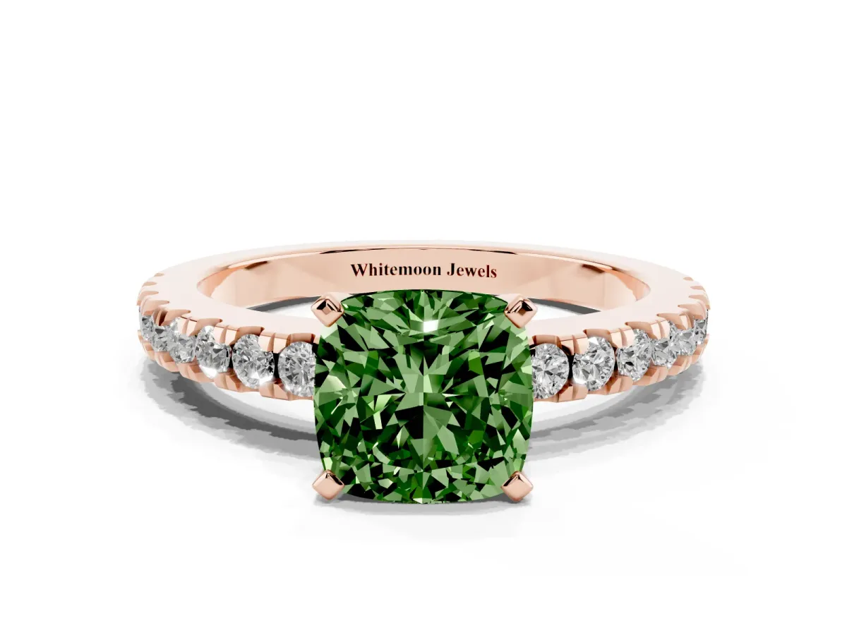 Fancy Green Cushion Cut Solitaire Diamond with Pavé Band and Four-Prong Setting Rose gold