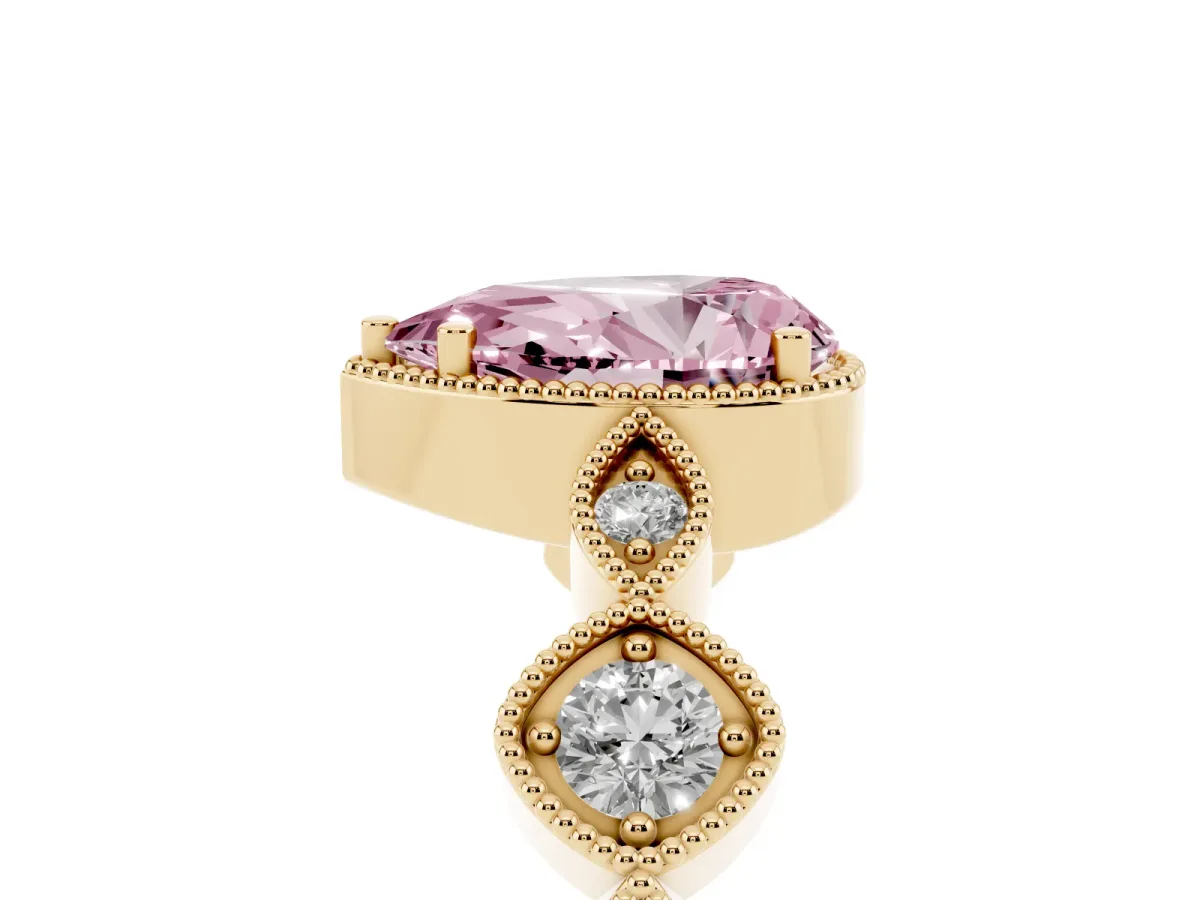 Fancy Pink Pear Cut Diamond Vintage Milgrain Ring with Round Stations Yellow gold