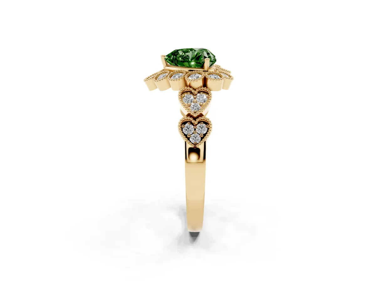 Fancy Green Heart Cut Brilliant Milgrain Pave Heart Band Solitaire Ring Yellow gold