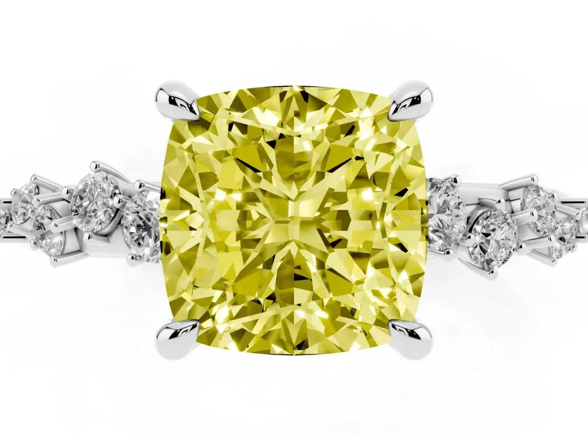 Fancy Yellow Cushion Cut Cut Diamond Vine Band with Four-Prong Setting Platinum