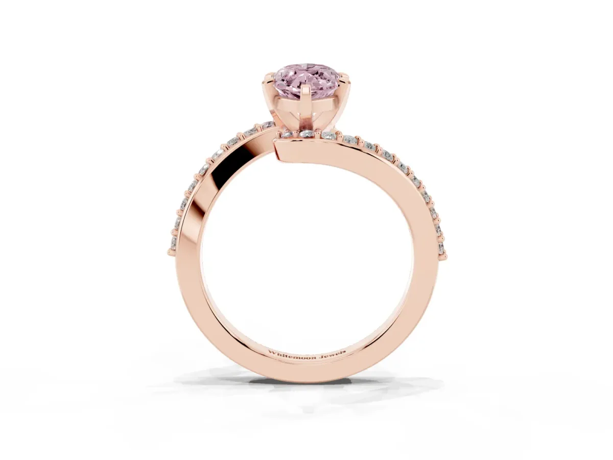Fancy Pink Marquise Cut Solitaire Twist Band with Pave Set Diamonds and Four-Prong Setting Rose gold