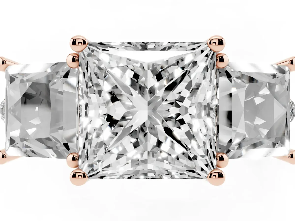 Three-Stone Princess Cut Diamond Ring with Round Pavé Band and Prong Setting Rose gold