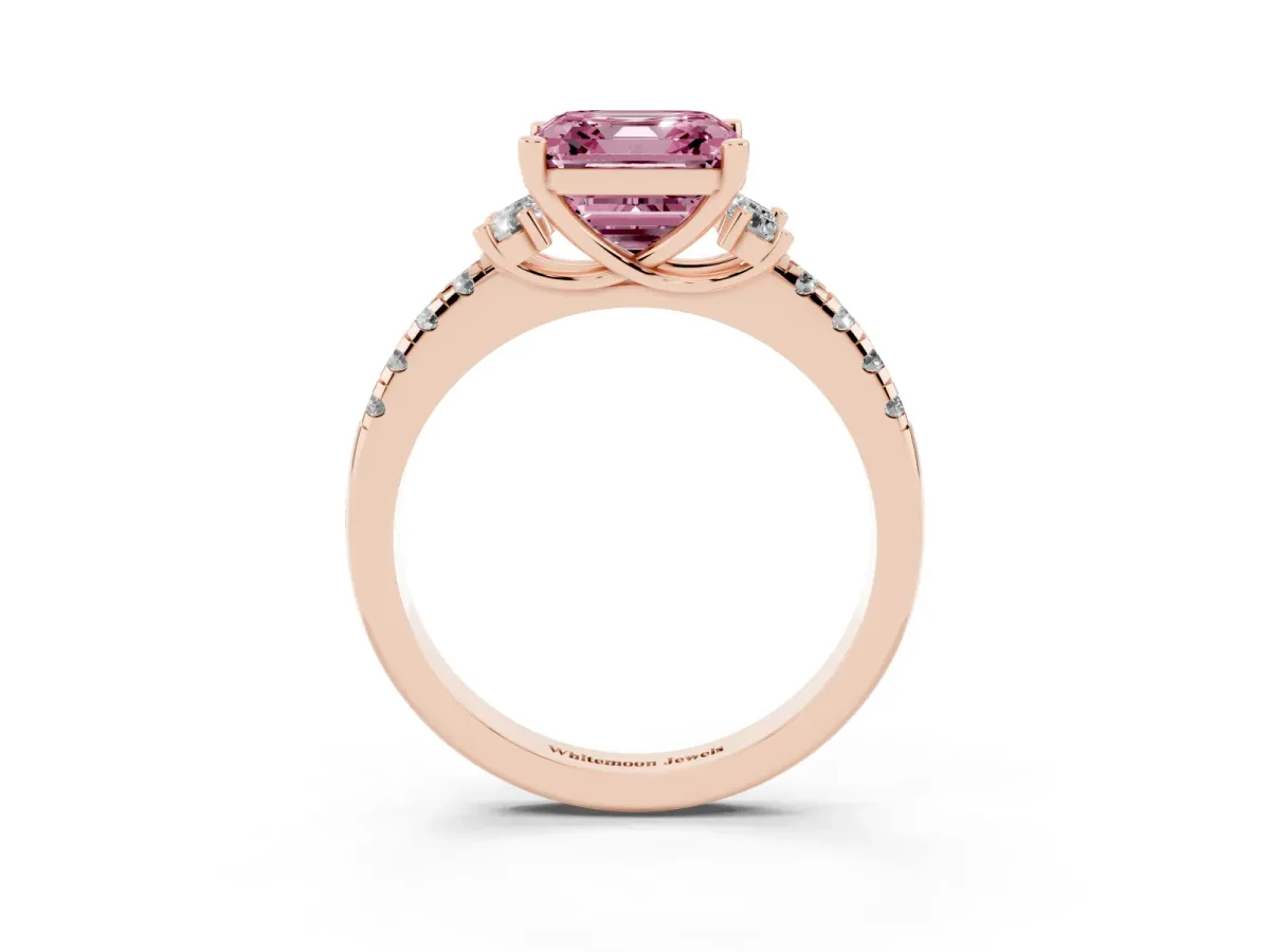 Fancy Pink Asscher Cut Diamond Three-Stone Pave Band with Four-Prong Setting Rose gold