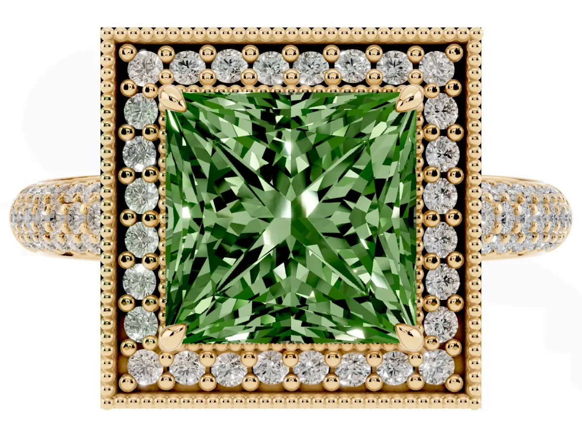 Fancy Green Princess Cut Cut Halo Diamond Pave Band with Four-Prong Setting Yellow gold