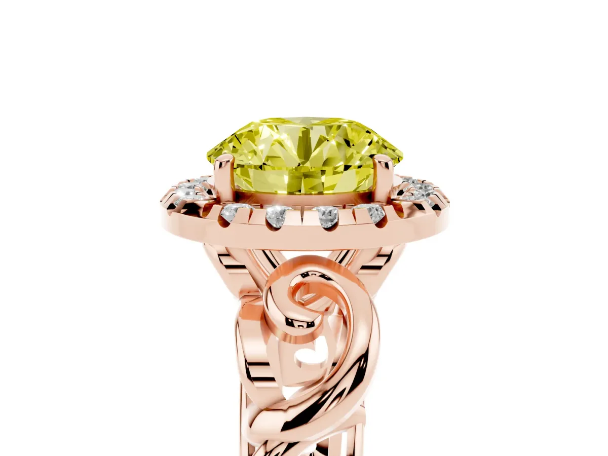Fancy Yellow Round Cut Cut Halo Diamond Ring with Scrollwork Band and Four-Prong Setting Rose gold