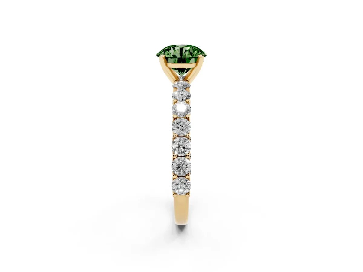 Fancy Green Round Cut Diamond Solitaire Ring with Shared Prong Pavé Band and Four-Prong Setting Yellow gold