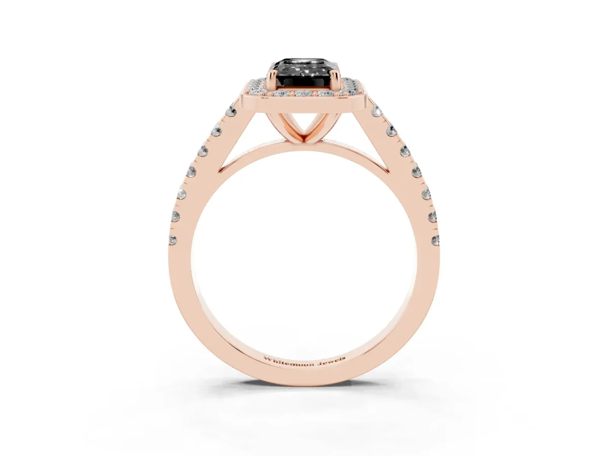 Fancy Black Emerald Cut Diamond Halo Ring with Round Pavé Split Shank and Prong Setting Rose gold