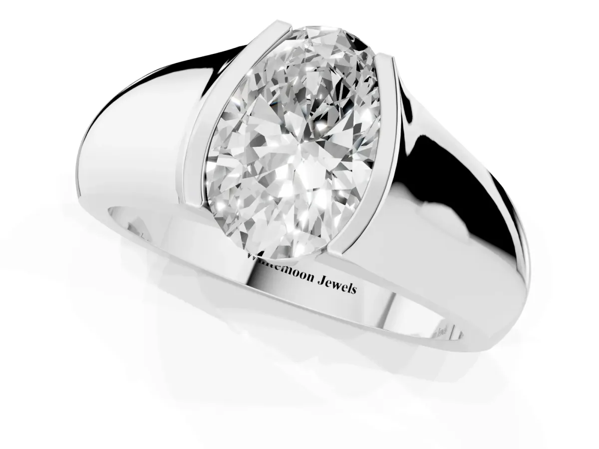 Oval Cut Solitaire Bezel Set Diamond Ring with Wide Band Platinum