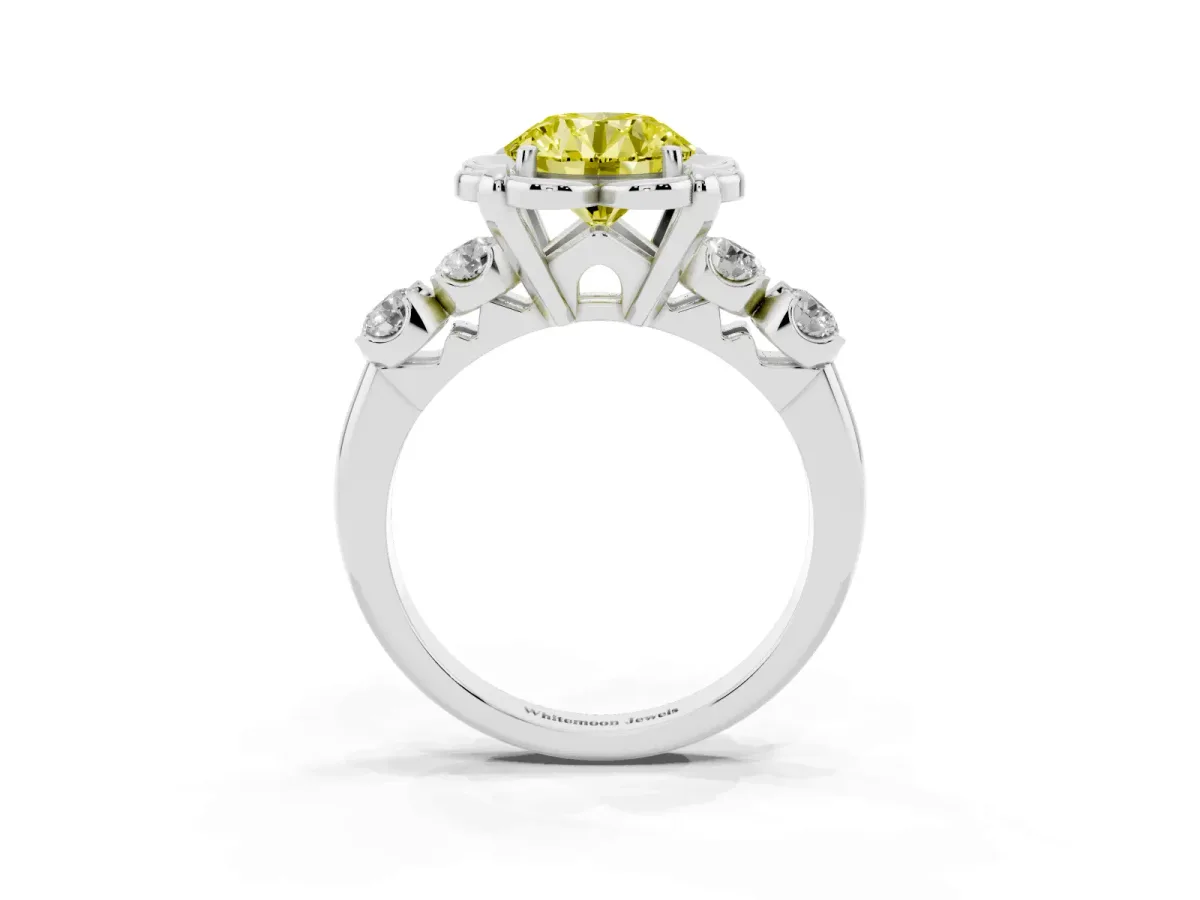 Fancy Yellow Round Cut Cut Diamond Floral Halo Engagement Ring with Shared Prong Setting Silver