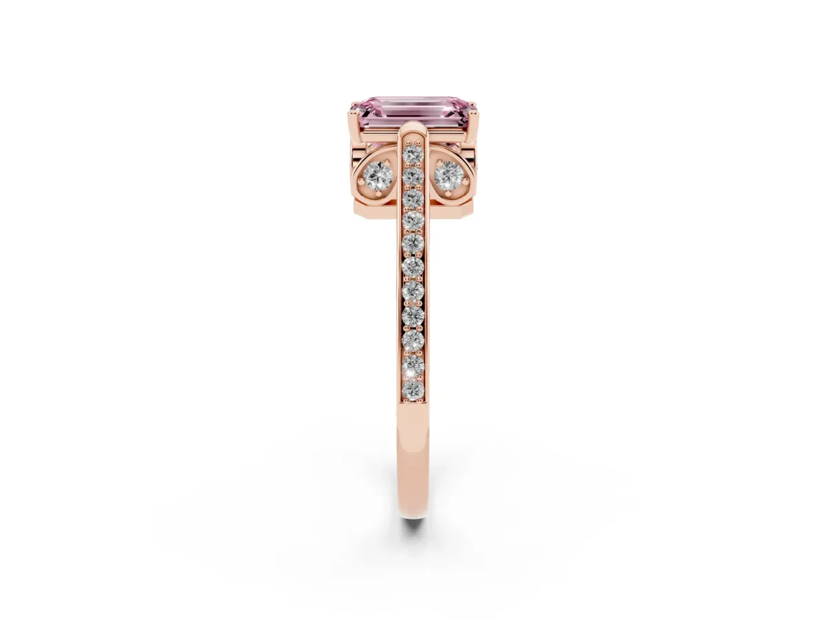 Fancy Pink Emerald Cut Cut Cathedral Pave Diamond Engagement Ring with Six-Prong Setting Rose gold