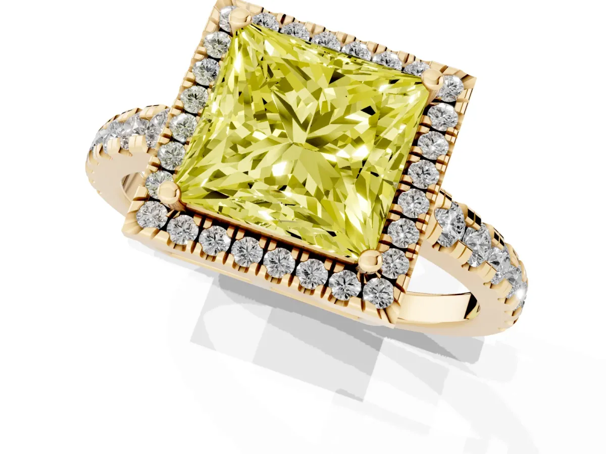 Fancy Yellow Princess Cut Diamond Halo Ring with Pavé Band and Four-Prong Setting Yellow gold