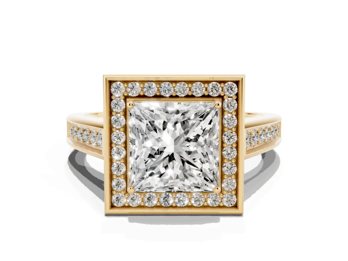 Princess Cut Halo Solitaire Diamond Ring with Pave Band and Bezel Setting Yellow gold