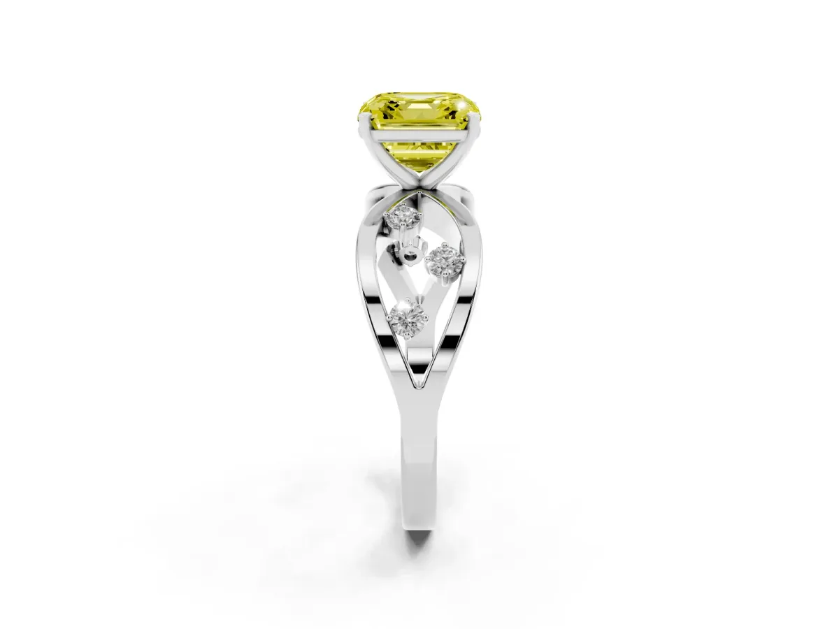Fancy Yellow Asscher Cut Cut Solitaire Diamond with Side Stones on Criss-Cross Band and Four-Prong Setting White gold