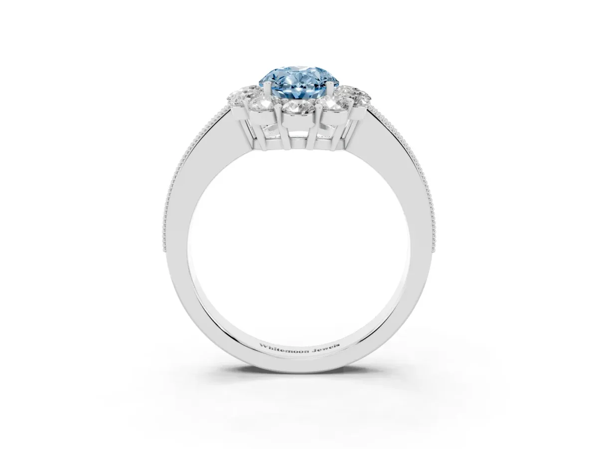 Fancy Blue Oval Cut Cut Halo Diamond Pavé Engagement Ring with Milgrain Detailing Silver