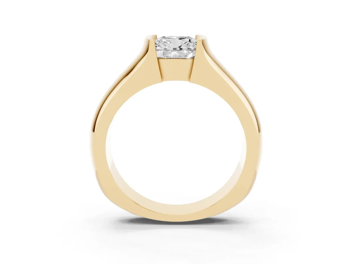Cushion Cut Solitaire Bezel Set Diamond Ring with Wide Band Yellow gold