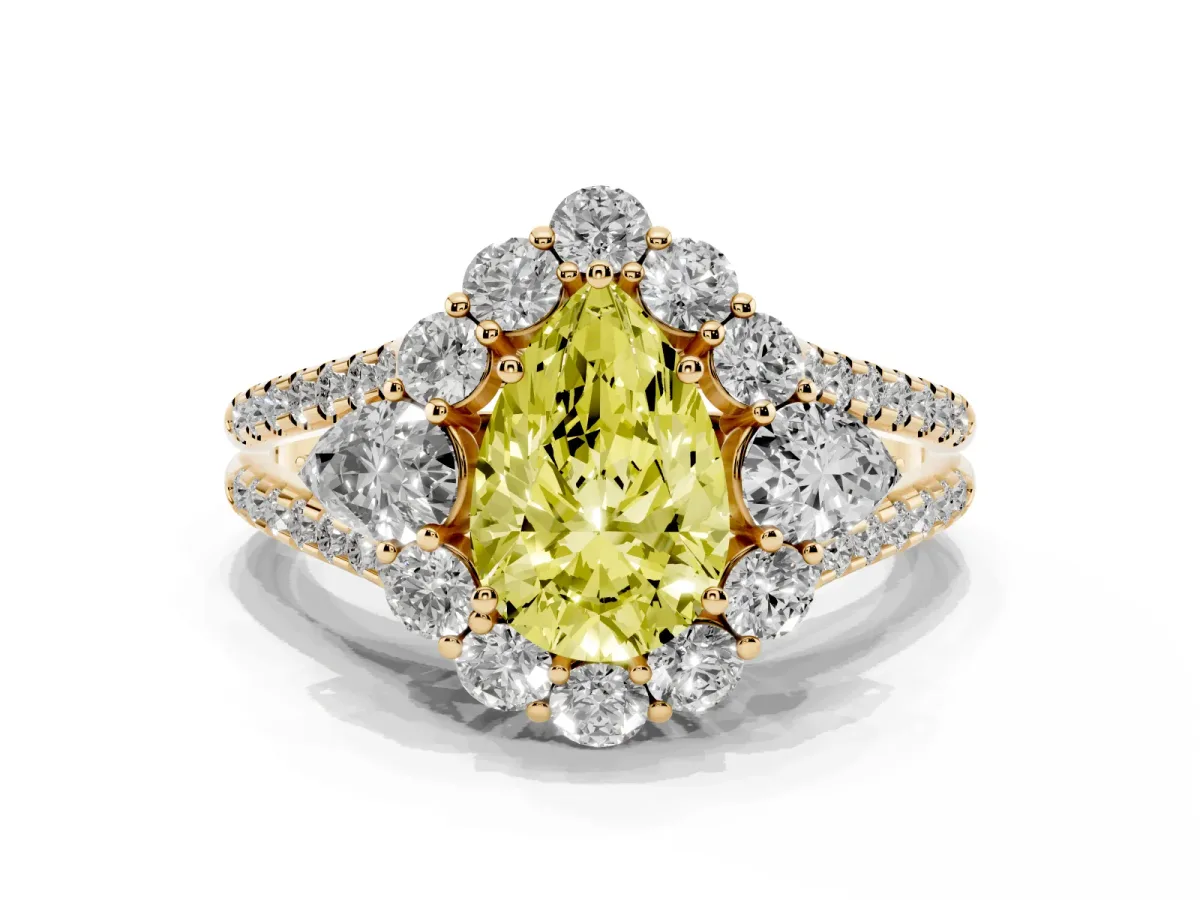 Fancy Yellow Pear Cut Halo Split Shank Diamond Engagement Ring with Prong Setting Yellow gold