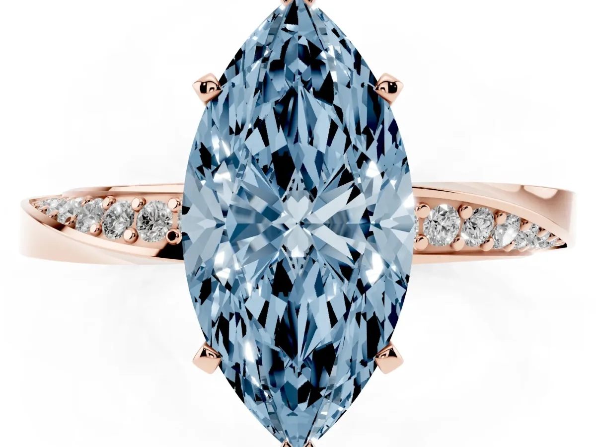 Fancy Blue Marquise Cut Diamond Engagement Ring with Side Stone Accents and Four-Prong Setting Rose gold