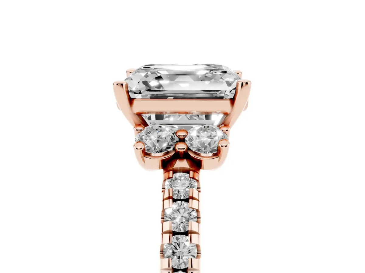 Asscher Cut Diamond Three-Stone Pave Band with Four-Prong Setting Rose gold