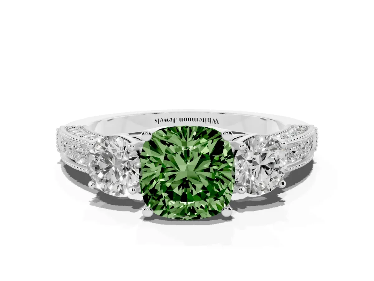 Fancy Green Cushion Cut Three-Stone Diamond Ring with Pavé Band and Four-Prong Setting Silver
