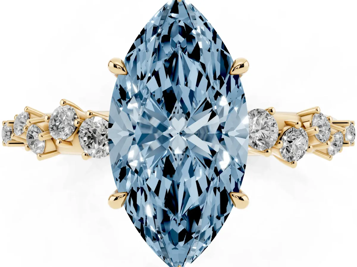 Fancy Blue Marquise Cut Diamond Cluster Side Stone Solitaire Ring with Prong Setting Yellow gold