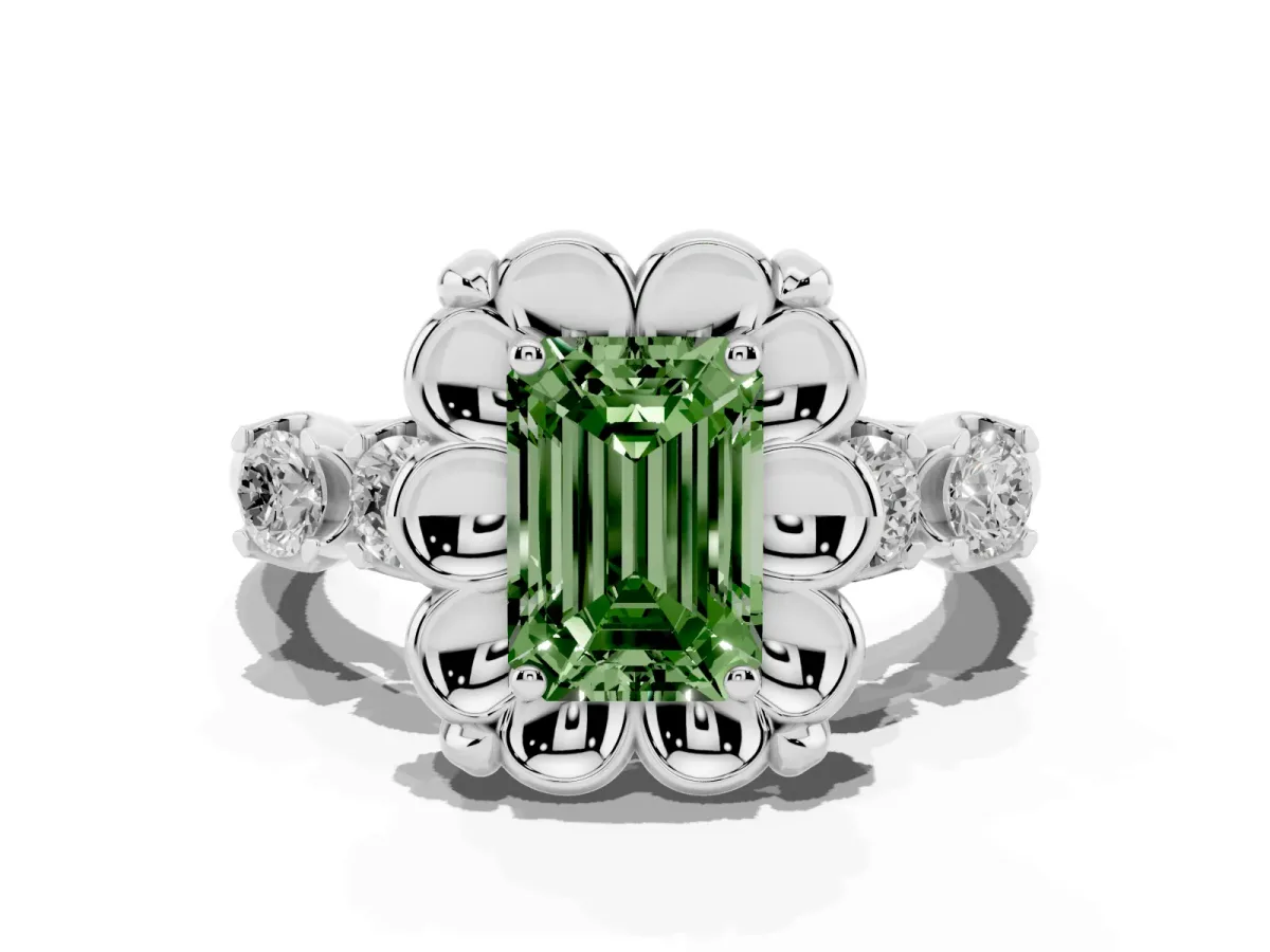 Fancy Green Emerald Cut Cut Diamond Floral Halo Engagement Ring with Shared Prong Setting Silver