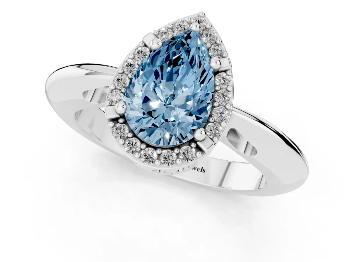Fancy Blue Pear Cut Cut Diamond Halo Engagement Ring with Split Shank and Four-Prong Setting Silver