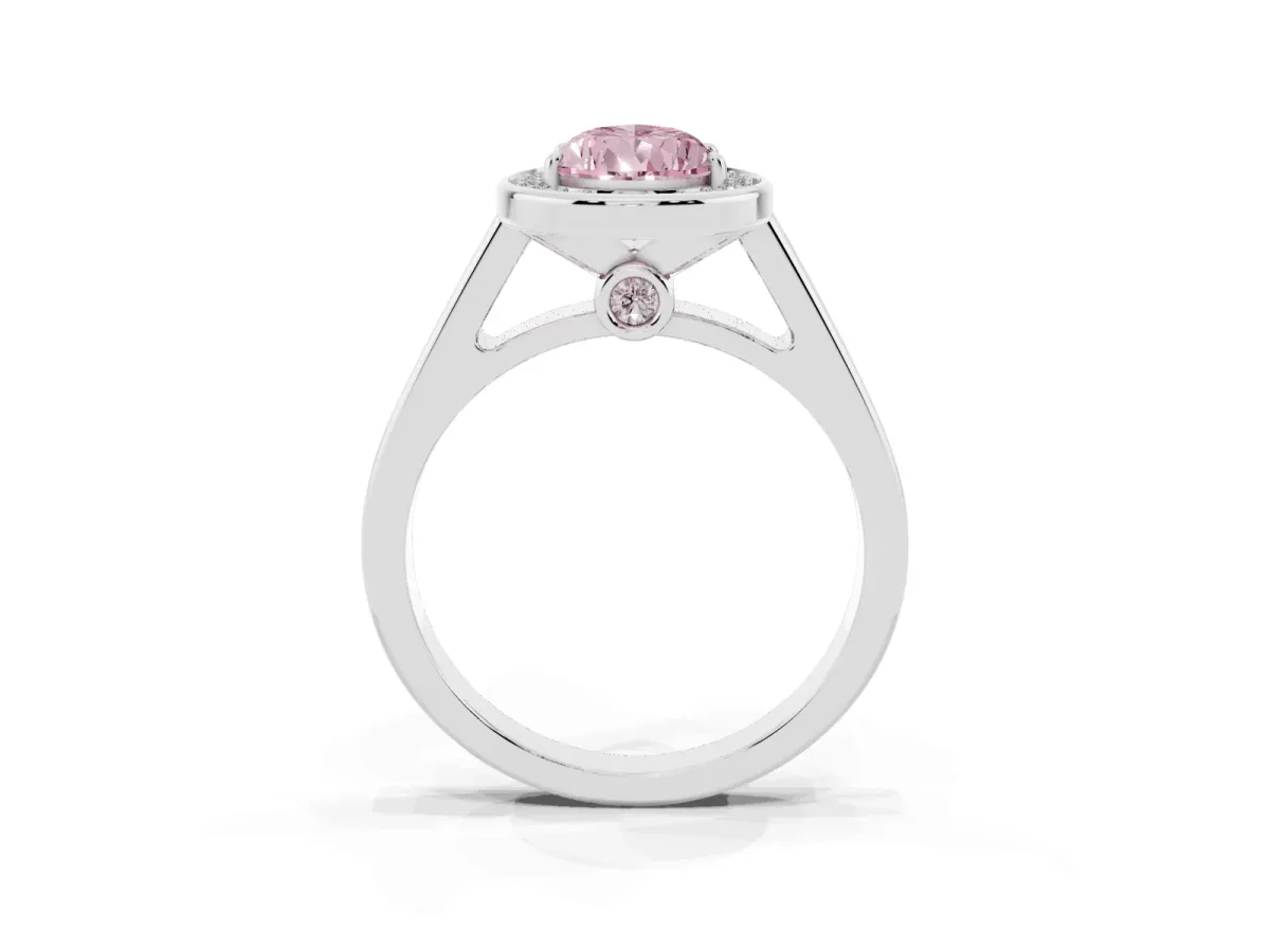 Fancy Pink Pear Cut Halo Solitaire Diamond Ring with Pave Band and Bezel Setting Silver