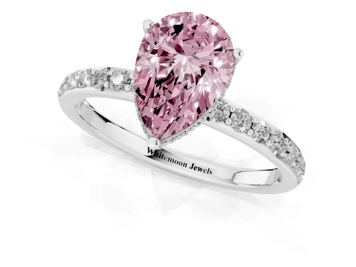 Fancy Pink Pear Cut Diamond Solitaire Ring with Pavé Band and Hidden Halo White gold