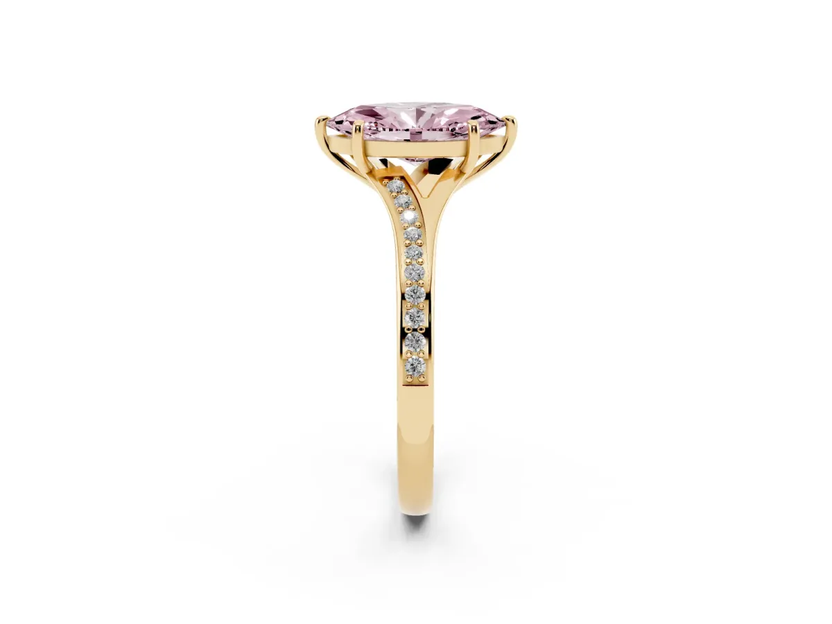 Fancy Pink Marquise Cut Diamond Solitaire Ring with Pavé Band and Prong Setting Yellow gold
