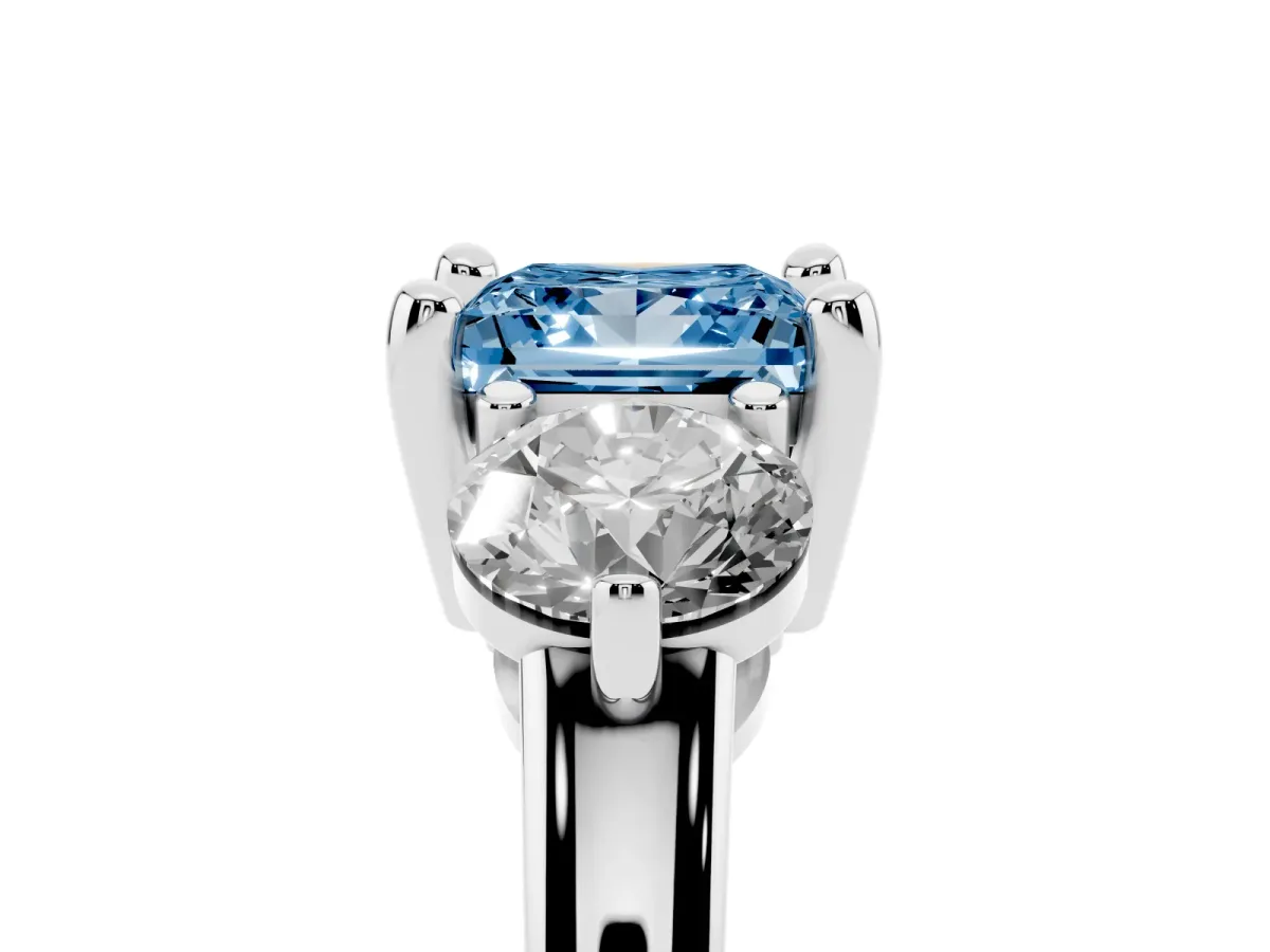 Fancy Blue Three-Stone Princess Cut Brilliant Cut Solitaire Ring with Prong Setting on a Classic Band Silver
