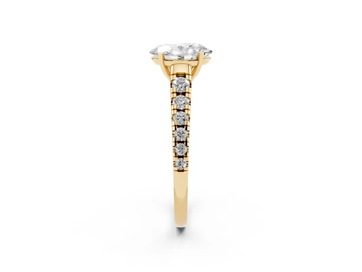 Oval Cut Diamond Cathedral Solitaire Ring with Round Pavé Band Yellow gold