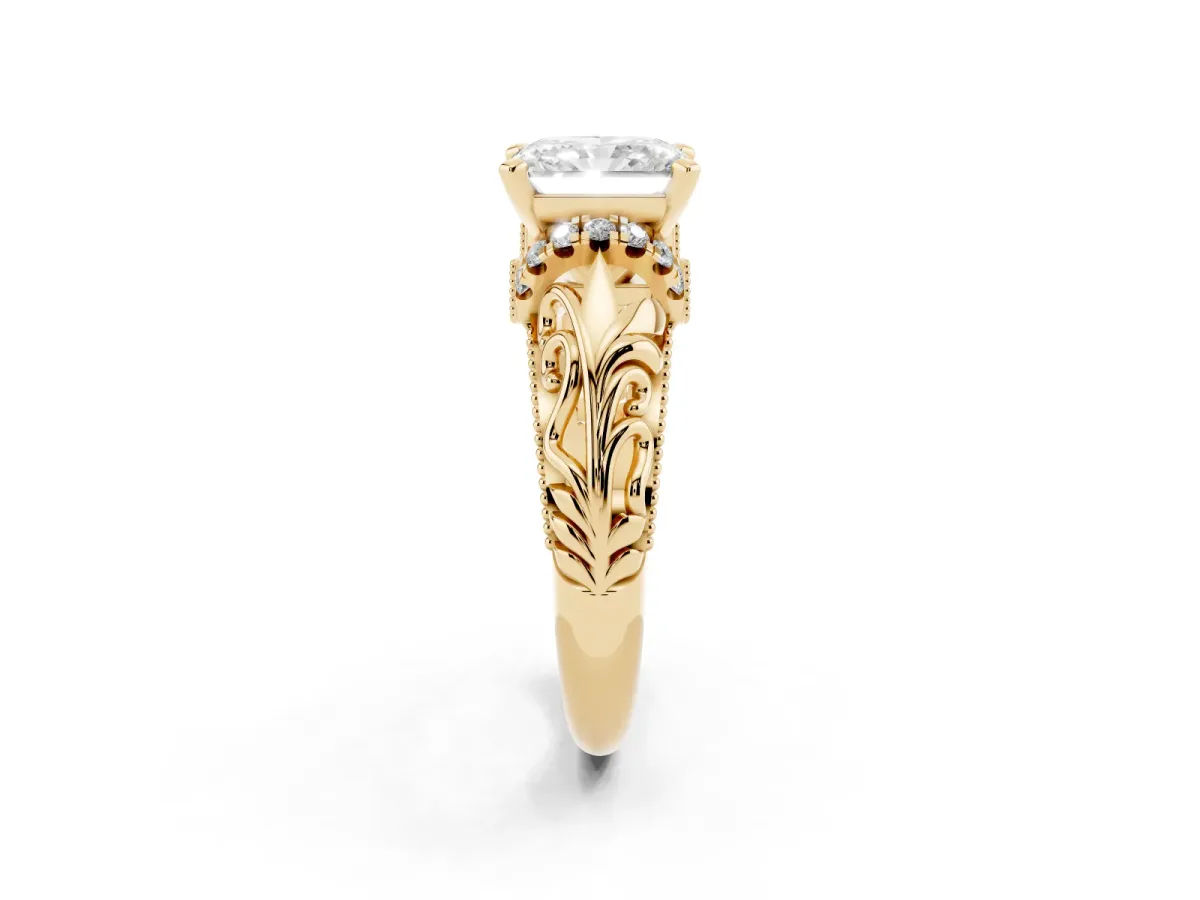 Radiant Cut Solitaire Filigree Engagement Ring with Halo and Prong Setting Yellow gold