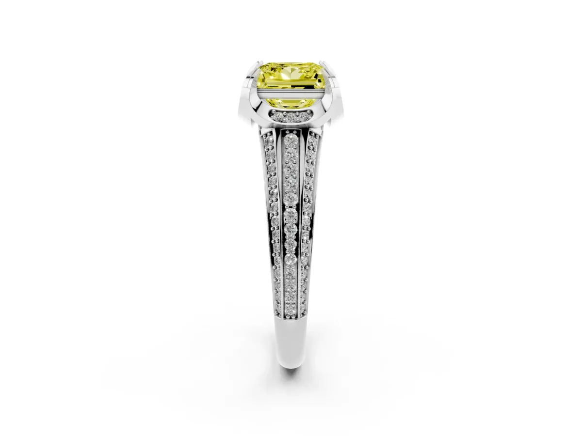 Fancy Yellow Princess Cut Solitaire Pave Split Shank Ring with Four-Prong Setting Silver