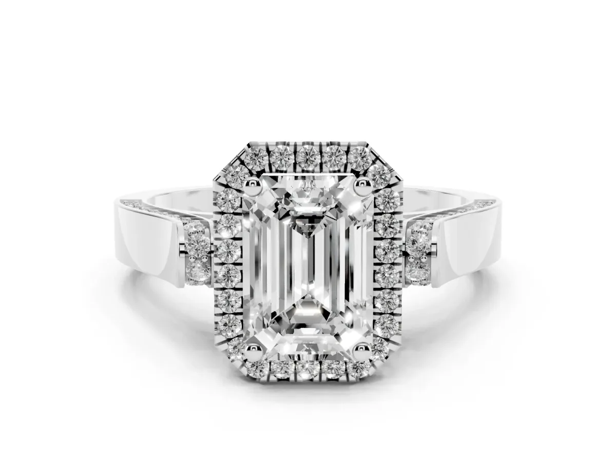 Emerald Cut Halo Pave Split Shank Prong Setting Ring Silver