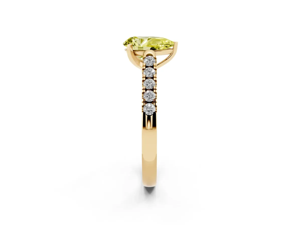 Fancy Yellow Pear Cut Diamond Pavé Band Solitaire Ring with Prong Setting Yellow gold