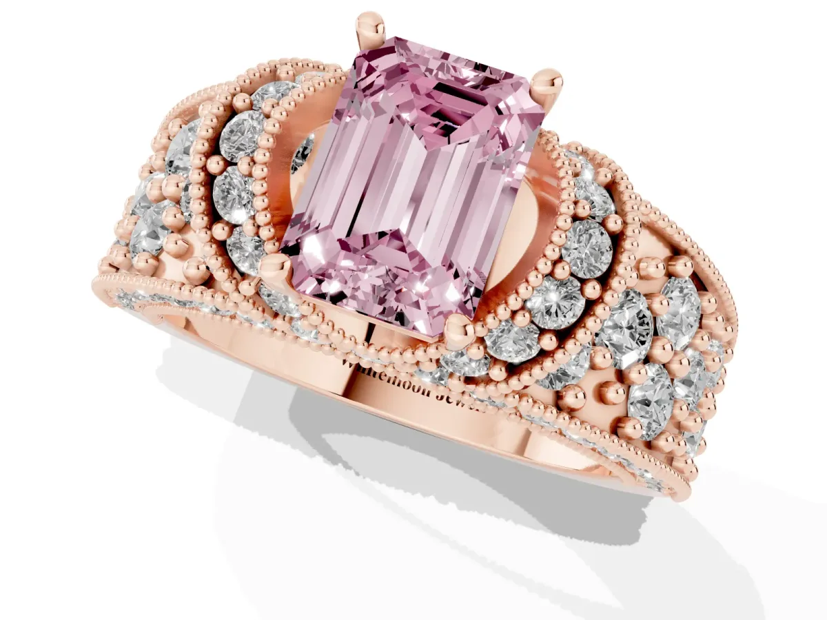 Fancy Pink Emerald Cut Halo Pave Diamond Engagement Ring with Milgrain Detailing Rose gold