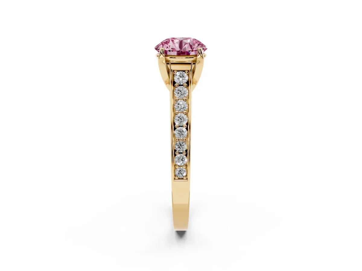 Fancy Pink Round Cut Brilliant Cut Diamond Engagement Ring with Pavé Band and Four-Prong Setting Yellow gold