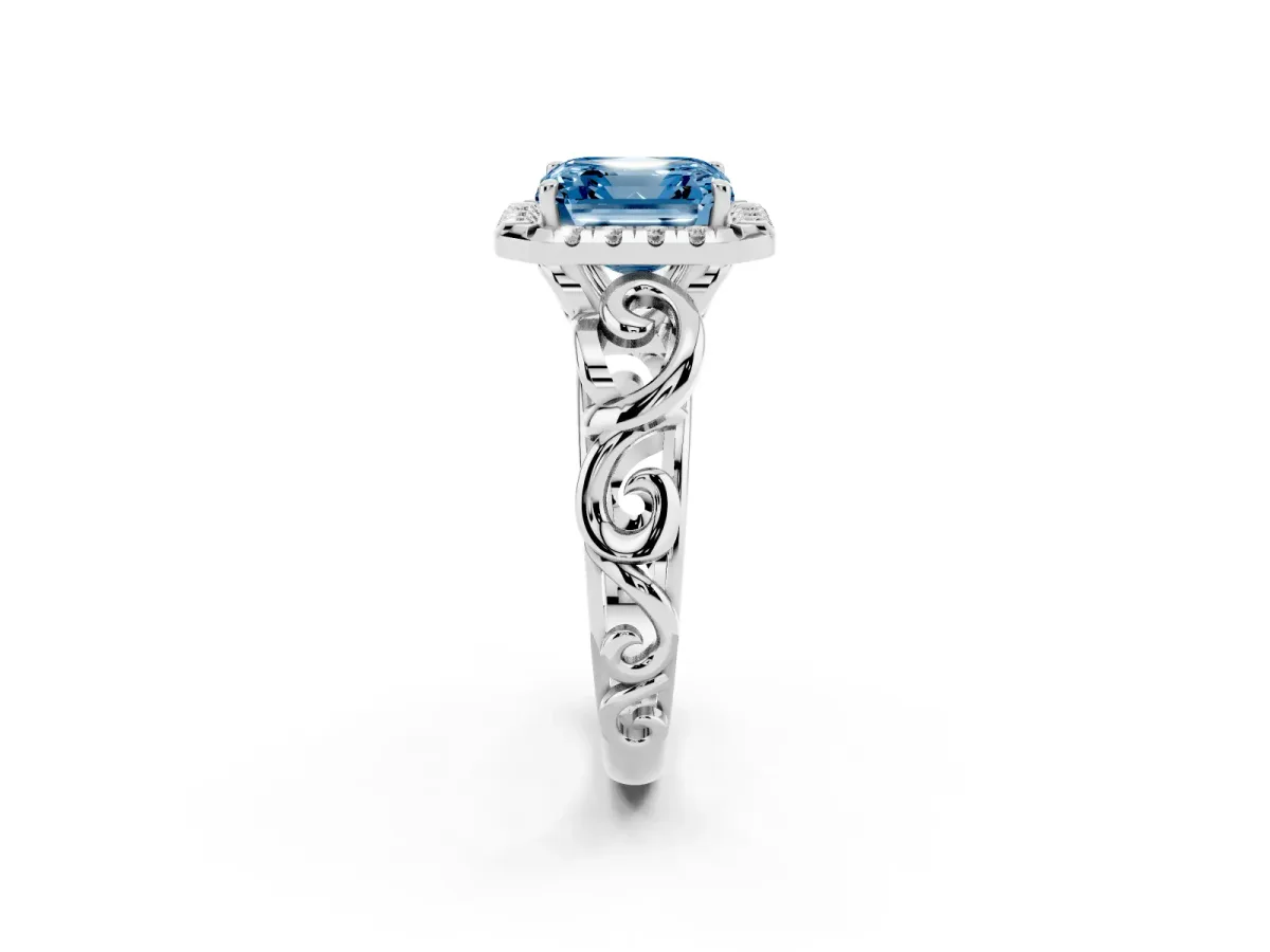Fancy Blue Asscher Cut Cut Halo Diamond Ring with Scrollwork Band and Four-Prong Setting Silver