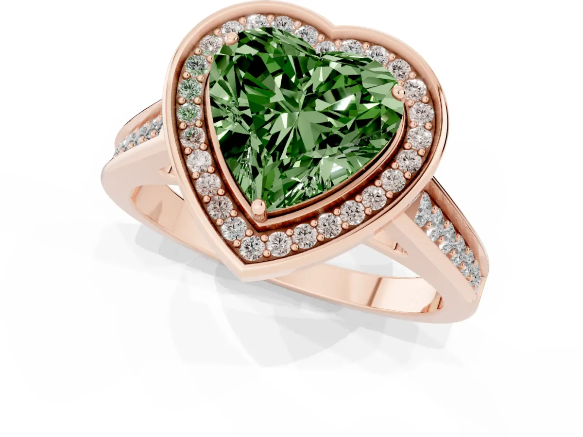 Fancy Green Heart Cut Halo Solitaire Diamond Ring with Pave Band and Bezel Setting Rose gold