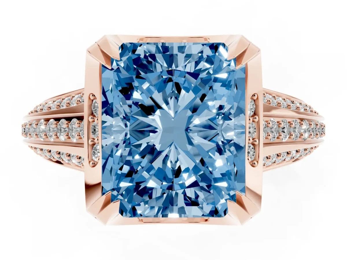 Fancy Blue Radiant Cut Solitaire Pave Split Shank Ring with Four-Prong Setting Rose gold